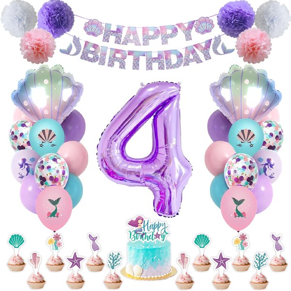 SKRCUI Mermaid Birthday Decorations Little Mermaid Party Decorations Mermaid Party Supplies Set with Mermaid Shell,Banner,Cake Topper,Pom Poms Flowers,Latex Balloons and Number 4 Balloon for Girls