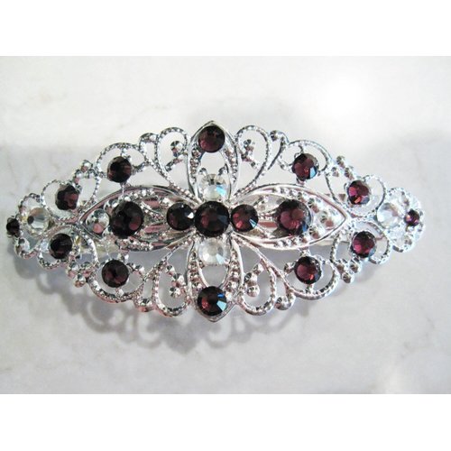 Silver filigree hair clip barrette with purple crystals bridal hair clip