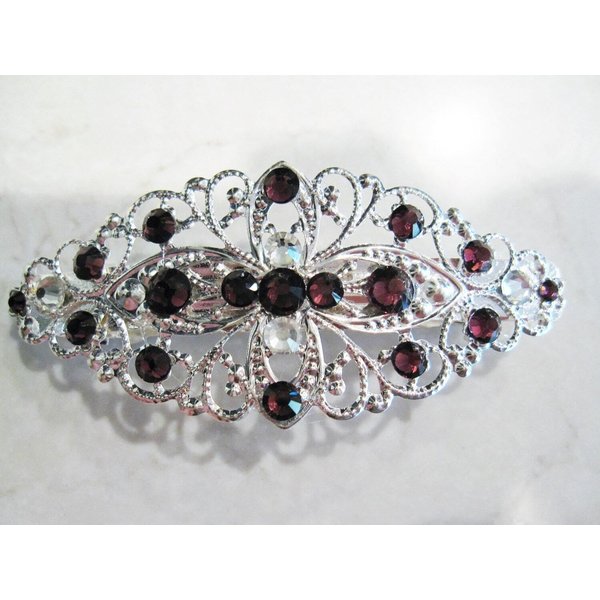 Silver filigree hair clip barrette with purple crystals bridal hair clip