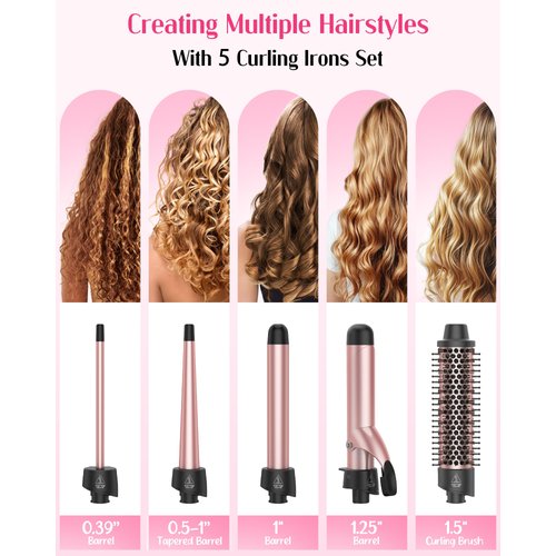 ANIEKIN 5 in 1 Curling Iron Set Includes a Curling Brush and 4 Interchangeable Ceramic Wands (0.39”-1.25”), Instant Heat, Dual Voltage Hair Curler, Great Gift for Girls and Mother