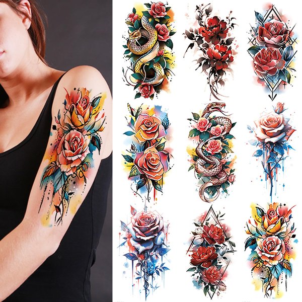 9 Sheets Flowers Temporary Tattoos, Watercolour Roses Snake Tattoos Stickers, Long Lasting Floral Tattoos, Makeup Body Art Waterproof Fake Tattoos for Women Men Girls Half Arm Tattoos (Flowers)