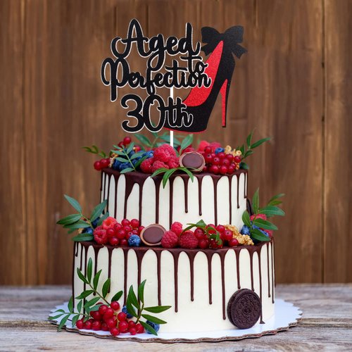30 Aged To Perfection 30th Birthday Cake Topper - Happy 30 Birthday Glitter Red Heel Cake Topper - 30th Cake Topper for Women Birthday Party Decoration
