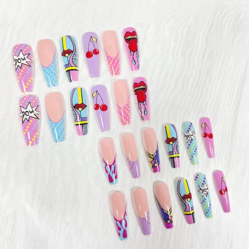 Long Press on Nails Coffin French Tip Fake Nails Sexy Lips Acrylic Press on Nails Colour Graffiti False Nails with Designs Cherry Stick on Nails Artificial Nails for Women