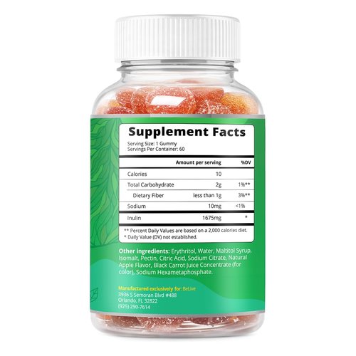 BeLive Fiber Gummies - Prebiotic Fiber Supplement with Chicory Root & Inulin for Digestive Support & Overall Gut Health I Vegan, Sugar Free Gummies for Adults & Children | 60 Ct - Apple Flavor