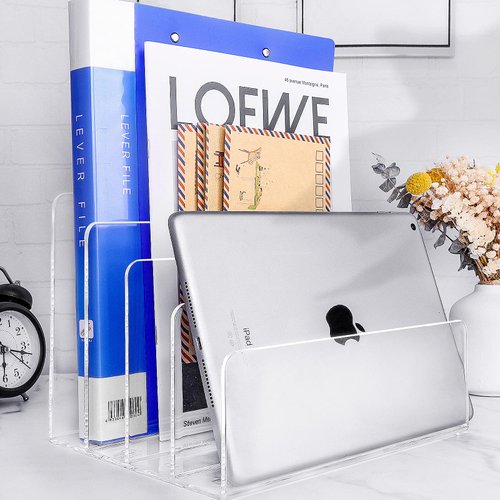 4 Section Acrylic File Organizer, Clear Acrylic Desk Organizer and Accessories, Sturdy Acrylic File Folder Holder Sorter, Office Supplies for Mail Letter Paper Electronic Notebook