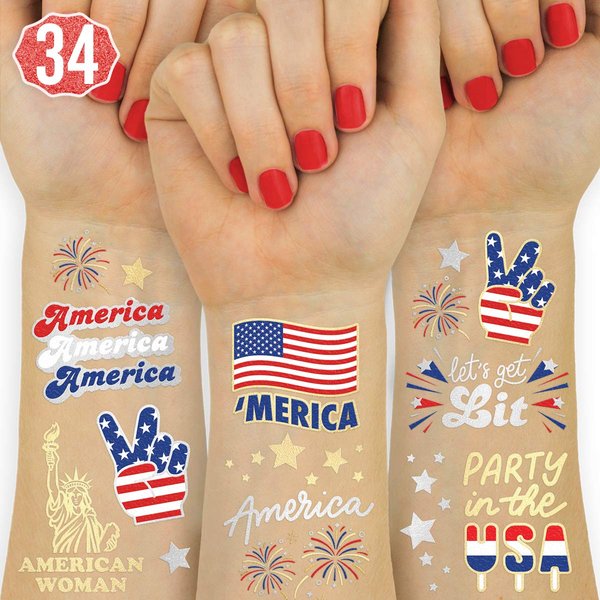 xo, Fetti Fourth of July Decorations Tattoos - 34 styles | Red White and Blue Party Supplies, 4th of July, USA Flag, Memorial Day, Independence Day, Labor Day