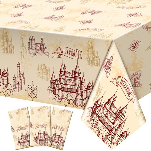 WovWeave 3 Pcs Wizard Tablecloth Wizard Decorations Wizard Party Plastic Table Cloth Disposable Vintage Castle Decor for Wizard Decoration Halloween Witch Party Supplies