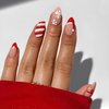 LPOODDNU Christmas Almond Press on Nails Red French Santa Hat Fake Nails White Snowflake Red Bow-knot Design Glossy False Nails Cute Stripe Pattern Christmas Glue on Nails Stick on Nails for Women