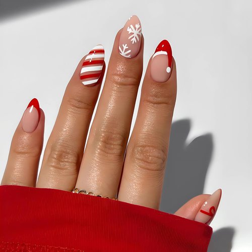 LPOODDNU Christmas Almond Press on Nails Red French Santa Hat Fake Nails White Snowflake Red Bow-knot Design Glossy False Nails Cute Stripe Pattern Christmas Glue on Nails Stick on Nails for Women