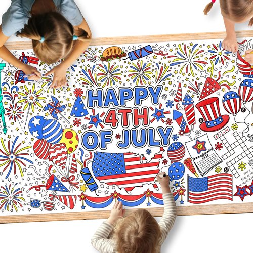 Gatherfun 4th of July Coloring Tablecloth | Patriotic Giant Poster 31.5x72 | Ideal for Independence Day Decor & Activities | American Flag-Themed for Classroom Wall or School Party Table Cover