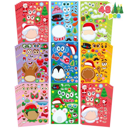 JOYIN 48 Pcs Christmas Make-a-face Sticker Sheets Make Your Own Characters Mix and Match Sticker Sheets with Santa Santa, Reindeer, Gingerbread, Snowman and Elf, Kids Party Favor Supplies Xmas Craft