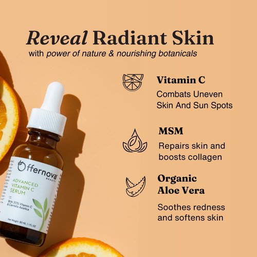 Offernova Organic Vitamin C Serum - 20% Vit C and Hyaluronic Acid Anti Aging Serum for Face, Eyes and Neck. Enhanced Absorption Dark Spot Corrector for Youthful Looking Skin, 1 oz