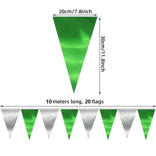 20M/65FT Green Silver Triangle Pennant Banner Flag Metallic Fabric Bunting Garland for Christmas Graduation Wedding Engagement Anniversary Bachelorette Birthday Bridal Shower Hen Party Supplies