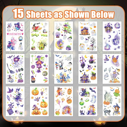 TatoYard 15 Sheets Halloween Glitter Fake Tattoo Kit for Party Favors Supplies, Cool Temporary Tattoos Stickers for Halloween Decorations, Bulk Children Washable Tattoos for Festival Accessories