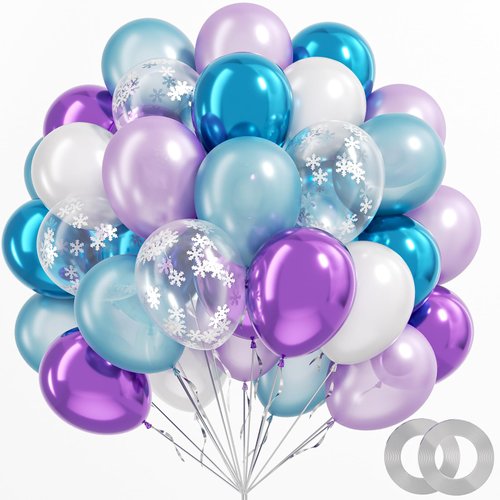 BAUANOOY Frozen balloons, 60pcs 12 Inch Purple and Blue Balloons with Snowflake Confetti Balloons for Winter Theme Party Supplies Baby Shower Wedding Frozen Birthday Party Decorations