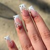 Foccna White Press on Nails Medium Long Rhinestone Fake Nails Square Bling Glossy 3D Butterfly False Nail Tips Artificial Nails Finger Manicure for Women and Girls,24pcs