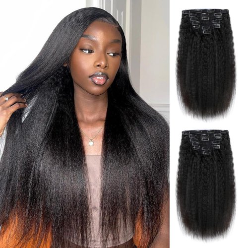 Kinky Straight Clip in Hair Extensions Real Human Hair 7Pcs 120g OQ Hair Kinky Straight Clip Ins Full Head Double Weft Brazilian Virgin Hair Extensions for Women Natural Black 7Pcs 120g 14Inch