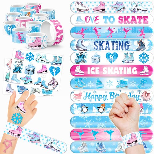 48 Ice Skating 24PCS Ice Skating Temporary Tattoos Sticker 24PCS Slap Bracelets Perfect for Theme...
