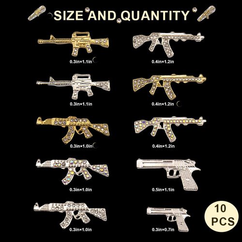 10PCS Gun Nail Charms with Rhinestones for Acrylic Nails - Unique 3D Nail Art Decorations for DIY Manicure and Crafts