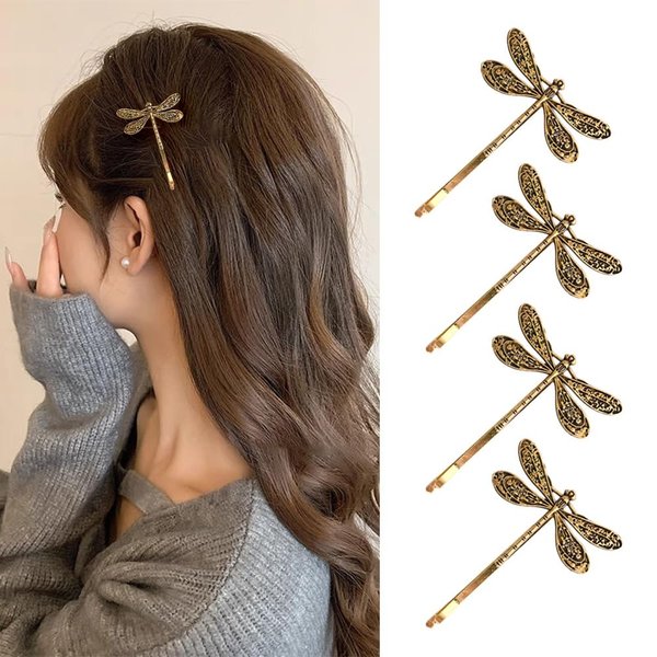 4Pcs Dragonfly Shape Bobby Pins 2.2" Vintage Royal Style Hair Clips Women Girls Hair Accessories, Gold