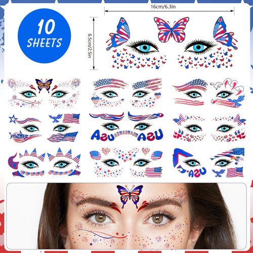 HOWAF 10 Sheets 4th of July Face Tattoo for USA Independence Day Parade Decoration, Fourth of July Decorations Eye Tattoos Red White and Blue American Flag Fake Tattoos Stickers for Adults Kids