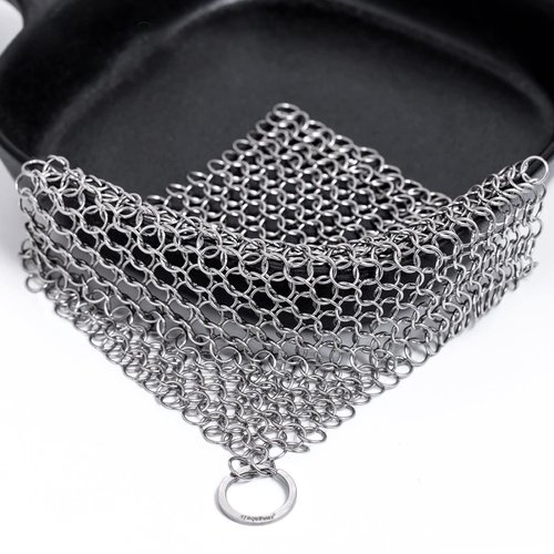 Amagabeli Cast Iron Cleaner 8"x6" Rectangle Chain Metal Scrubber with Hanging Ring 316 Premium Stainless Steel Chainmail Scrubber for Skillet,Wok,Pot,Pan CS03