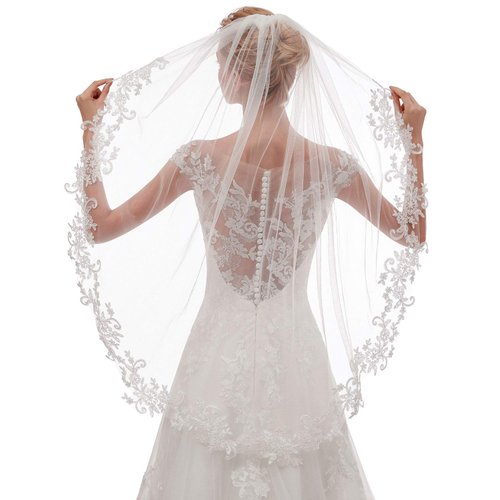 EllieHouse Womens Short Fingertip Length 1 Tier Lace Ivory Wedding Bridal Veil with Metal Comb L69IV