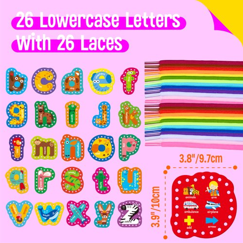 26PCS Alphabet Lacing Cards, Lowercase Letters Sewing Kit with 26 Double-Sided Cards and 26 Colorful Laces Alphabet Learning Toy Motor Skills Art Crafts for Toddlers, Kids, Students
