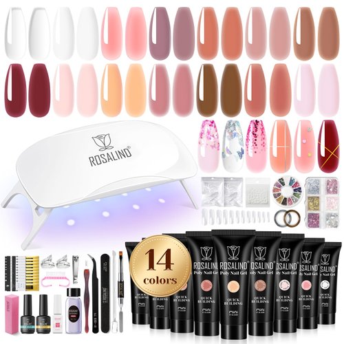 ROSALIND Poly Nail Gel Kit -14 Colors +72 Nail Art Accessories kit Clear Nude Poly Nails Gel Kit Starter Kit with Mini UV Lamp Slip Solution Basic Poly Nail Gel Nail Kit for Beginners with Everything