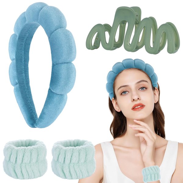LOVNFC Spa Headband For Washing Face Green Set With 1 Makeup Headband & Hair Claw Clips & 2 Wrist Band for Women Make up Cute Fluffy Skincare Headband Valentine’s Day Gift Set for Girls