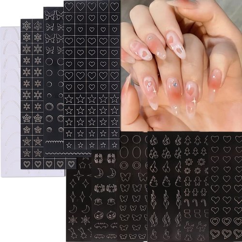 10 Sheets Airbrush Nail Stencils Stickers for Nail Art, 3D Self-Adhesive Butterfly Heart Snowflake French Design Hollow Printing Template Stencil Nail Guide Supplies for DIY Manicure Décor.
