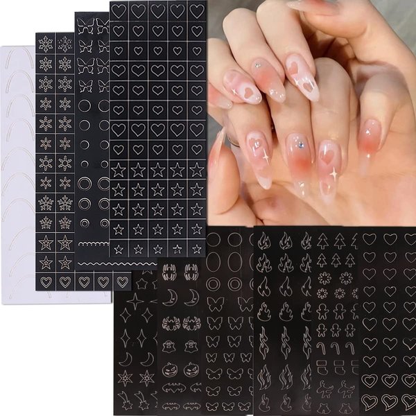 10 Sheets Airbrush Nail Stencils Stickers for Nail Art, 3D Self-Adhesive Butterfly Heart Snowflake French Design Hollow Printing Template Stencil Nail Guide Supplies for DIY Manicure Décor.