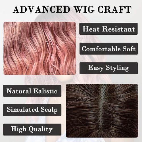 Doremiy Short Bob Ombre Black Pink Wavy Wigs for Women Natural Shoulder Length Wig with Bangs Synthetic Wigs for Daily Cosplay