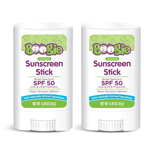 Baby Sunscreen Stick by Boogie Block, Mineral Sunscreen SPF 50, Travel Size Sunblock for Kids, Zinc Oxide, Water Resistant, Vegan, Fragrance Free Pack of 2