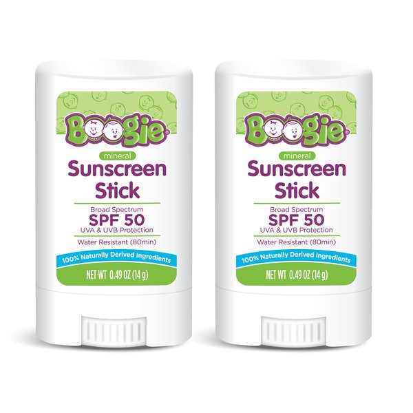 Baby Sunscreen Stick by Boogie Block, Mineral Sunscreen SPF 50, Travel Size Sunblock for Kids, Zinc Oxide, Water Resistant, Vegan, Fragrance Free Pack of 2