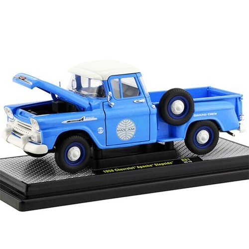 M2 1958 Chevy Apache Stepside Pickup Truck Pan Am Ground Crew Light Blue with White Top Limited Edition to 6880 Pieces Worldwide 1/24 Diecast Model Car Machines 40300-81B
