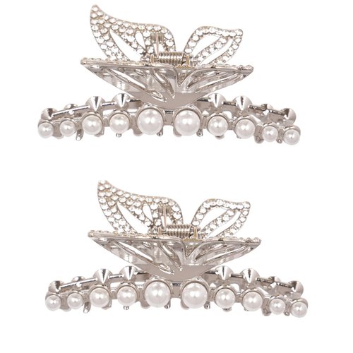 ZOONAI Butterfly Hair Claw Clips, Women Girls Pearl Crystal Claw Clips Rhinestone Big Butterfly Hold Hair Jaw Hair Accessories-Set of 2 (Silver)