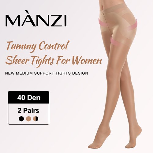 MANZI Control Top Pantyhose Sheer Tights for Women Tummy Control Stockings with Moderate Support Panty 40 Denier Run Resistant Quality Nylons(1 Natural+1 Black,L)