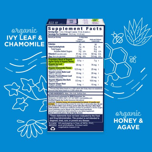 Mommy's Bliss Organic Kids Cough Syrup & Mucus Relief for Night Time, Agave & Honey, Ivy Leaf, Zinc, Vitamin C, Herbal Nighttime Blend, 4 Fl z