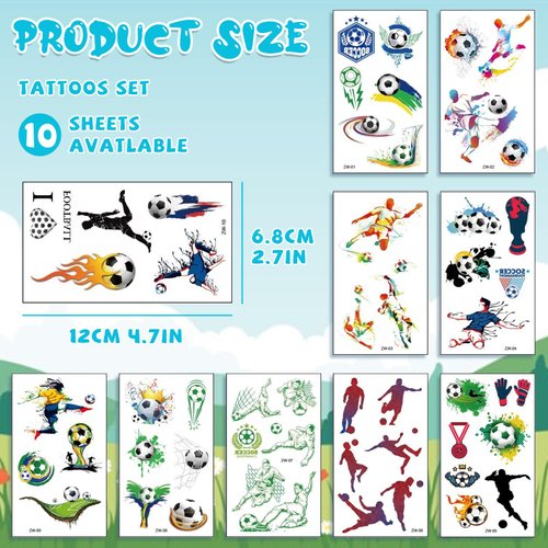 10 Sheets Soccer Temporary Tattoos, Soccer Ball Football Waterproof Fake Tattoos, Sports Themed Tattoo Stickers for Boys Children Kids, Birthday Party Decorations