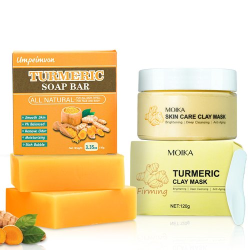 Umpeimvon 3 Pack Turmeric Face Soap Turmeric Face Mask, Turmeric Mask Turmeric Soap Bar for Face Body Exfoliating, Improve Dull Skin Balance Skin Water and Oil