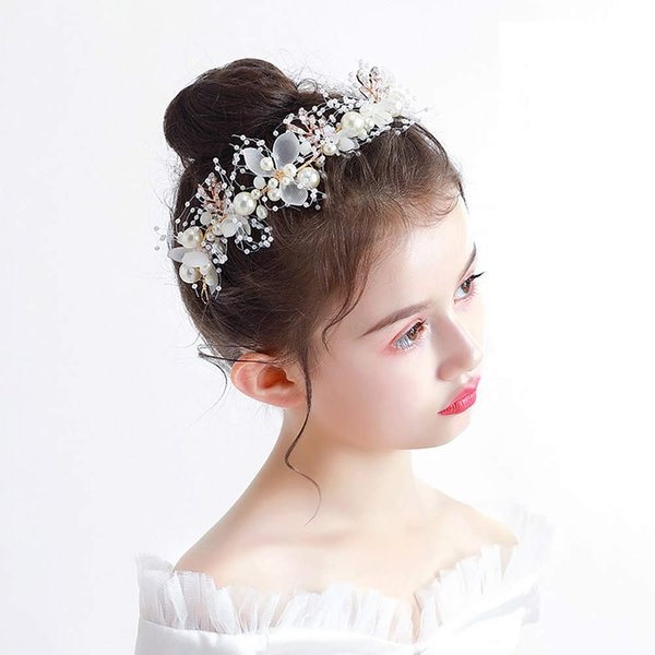 PRDGIRL Headband Wedding Flower Girls, Rhinestone Pearl Crystal Beads Fairy Gold Vine Hair Accessories for Little Girl Princess Halo Tiara