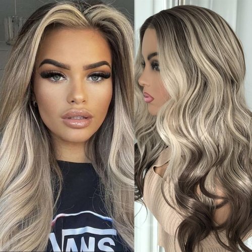 Aisom Wear And Go Glueless Wig Ash Platinum 18“ Wave Highlight Wig Mixed Brown and Blonde Color Ombre Lace Front Wigs for Women Synthetic Wig