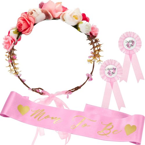 SATINIOR Baby Shower Sash, Mom to be Sash and Pin with Floral Crown for Mom and Dad Kit for Baby ...