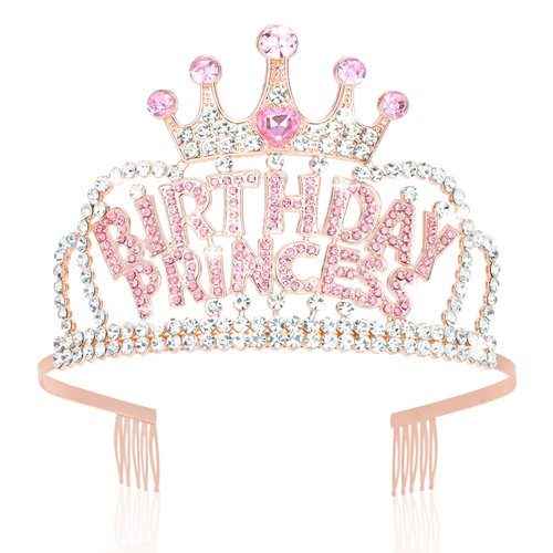 Wecoe Rose Gold Birthday Princess Crown with Combs Birthday Rhinestone Tiara Headband Happy Birthday Party Favors Decorations 16th 18th 21st 25th Birthday Gifts for Her