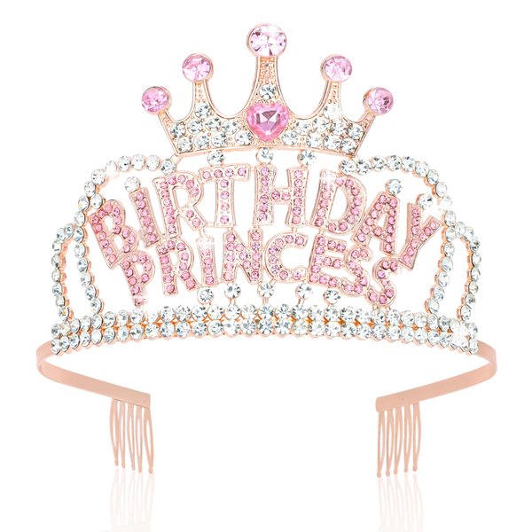 Wecoe Rose Gold Birthday Princess Crown with Combs Birthday Rhinestone Tiara Headband Happy Birthday Party Favors Decorations 16th 18th 21st 25th Birthday Gifts for Her