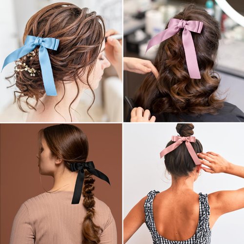 Ouligay 6pcs Silky Satin Hair Bows for Women, Bow Hair Clips with Long Tail, Hair Ribbon Bow Ponytail Holder, Slide Metal Clips Hair Bow Barrettes Clips for Women Girls Toddlers Teens Kids