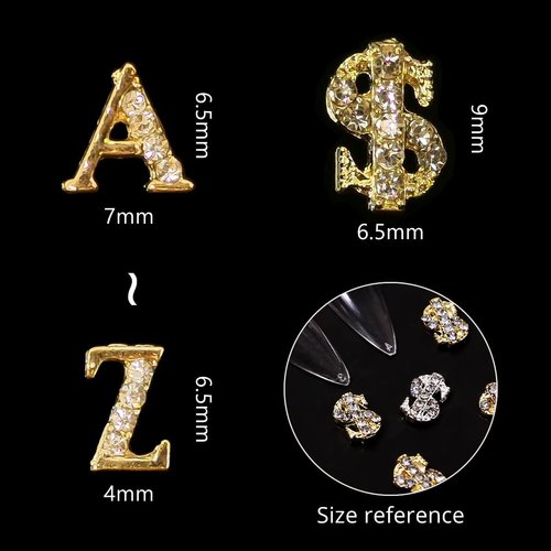 52pcs Gold Letters Nail Stud Alloy Rhinestone + 5pcs 3D Dollar Sign Money Nail Art 3D Capital Letters Nail Studs Alphabet Nail Charms Art for Acrylic Nails Bling Jewels Making Crafts DIY Manicure