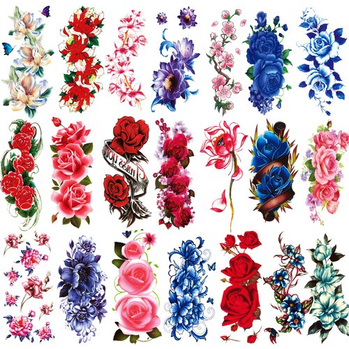 Kotbs 21 Sheets Sexy Flower Temporary Tattoos for Women, Waterproof 3D Bright Flora Tattoo Stickers for Girls, Rose, Peach Blossom, Chrysanthemum Various Tattoo Flower Temporary Fake Tattoos
