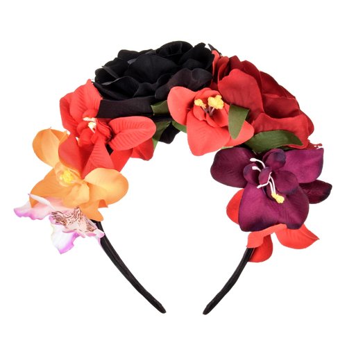 Accesyes Custom Mexican Flower Crown Day of Dead Headpiece Hawaiian BOHO Frida Floral Headband Dia de Los Muertos Party Favor (Black Red)
